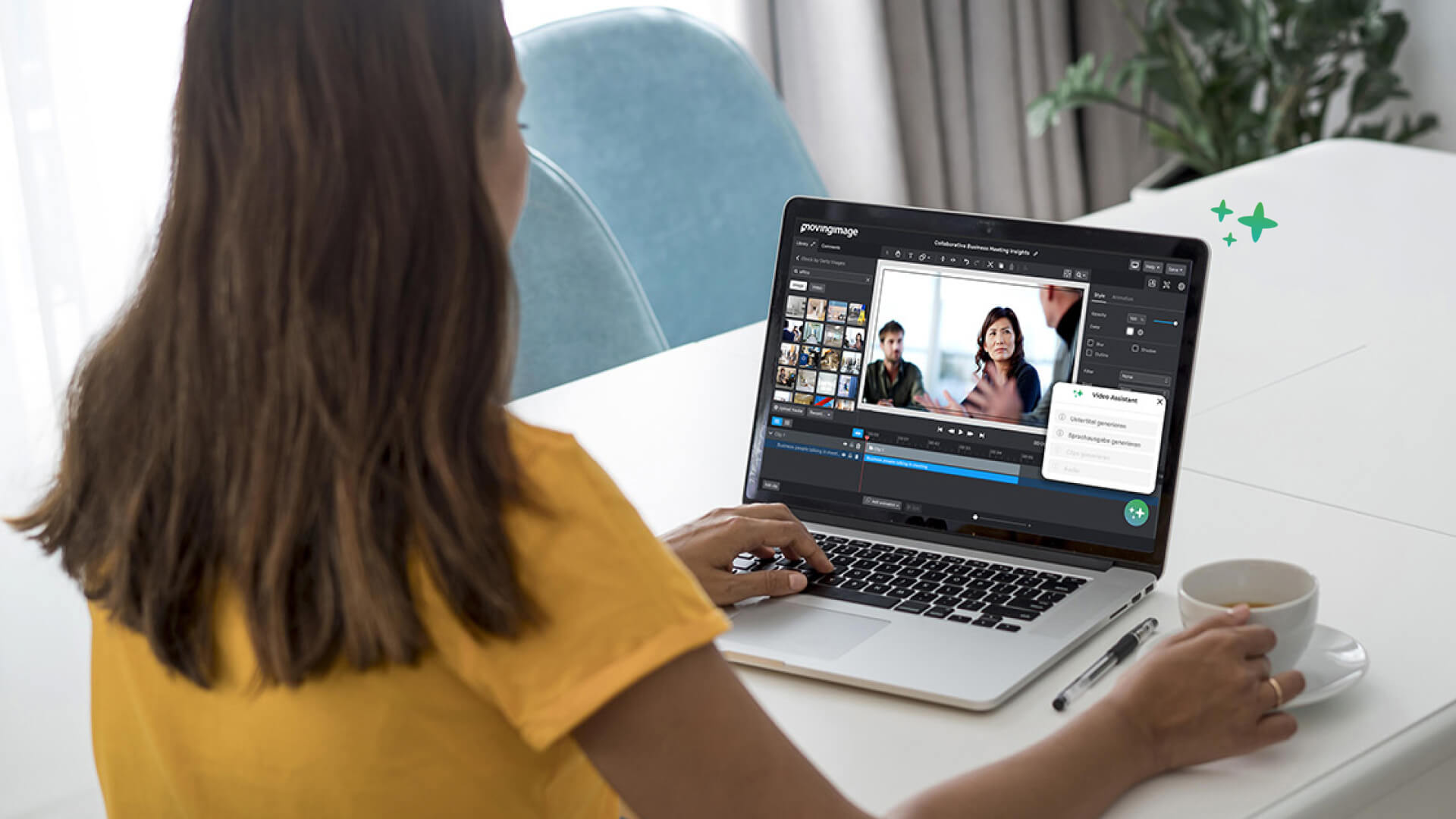 Eine Frau bearbeitet Videos mit dem Video AI Assistant von movingimage, was einen effizienten und optimierten Videoverwaltungsprozess zeigt.