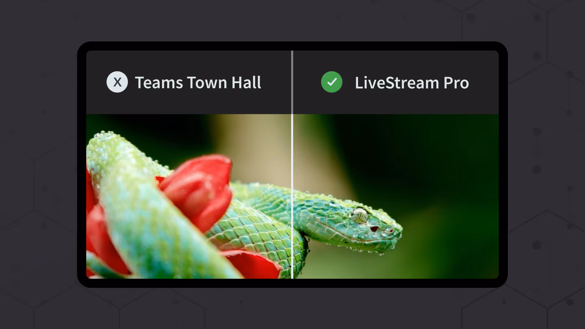 Comparison of image quality between an Microsoft Teams Town Hall and movingimage LiveStream Pro, with LiveStream Pro offering a significantly sharper and clearer display.