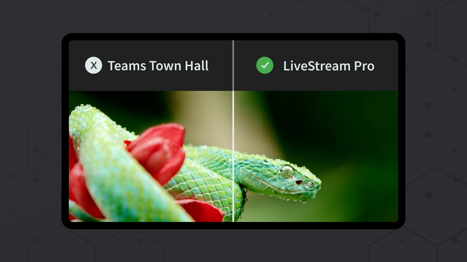 Vergleich der Bildqualität zwischen einer MS Teams Town Hall und movingimage LiveStream Pro, wobei LiveStream Pro eine deutlich schärfere und klarere Darstellung bietet.