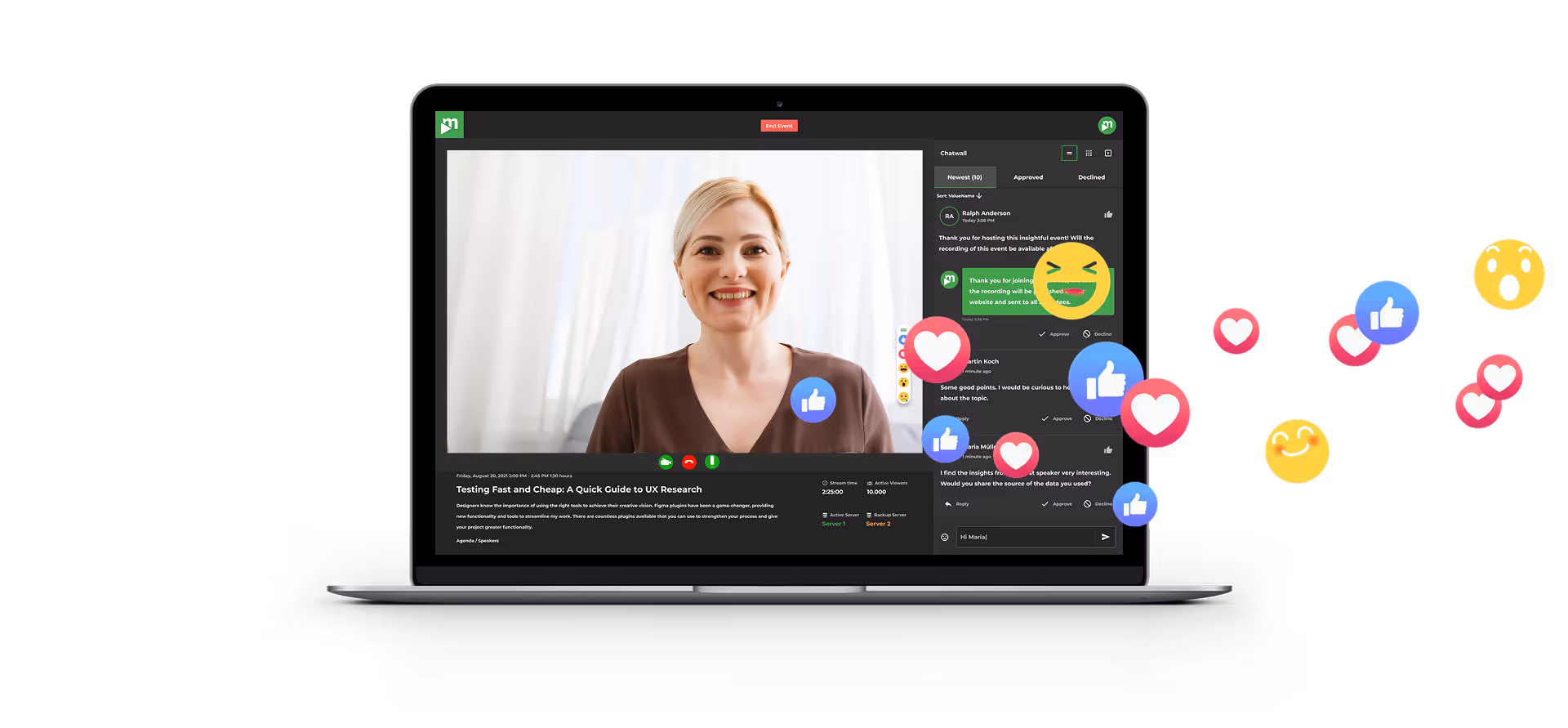 Bildschirmaufnahme von LiveStream Pro, bei der Emojis als Reaktionen über den Bildschirm erscheinen, um die Interaktivität und das Engagement der Zuschauer zu veranschaulichen.