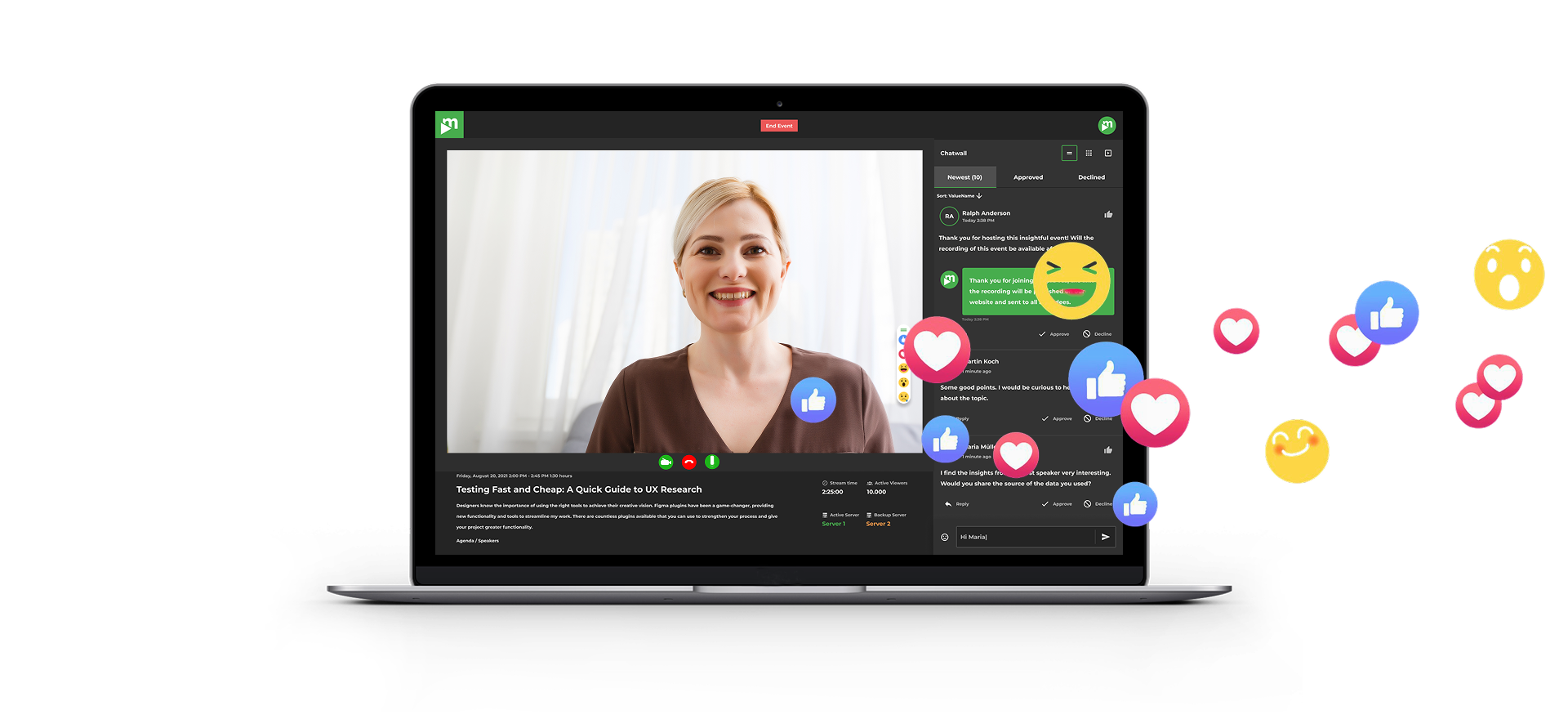 Screenshot of LiveStream Pro, with emojis appearing as reactions across the screen to illustrate viewer interactivity and engagement.