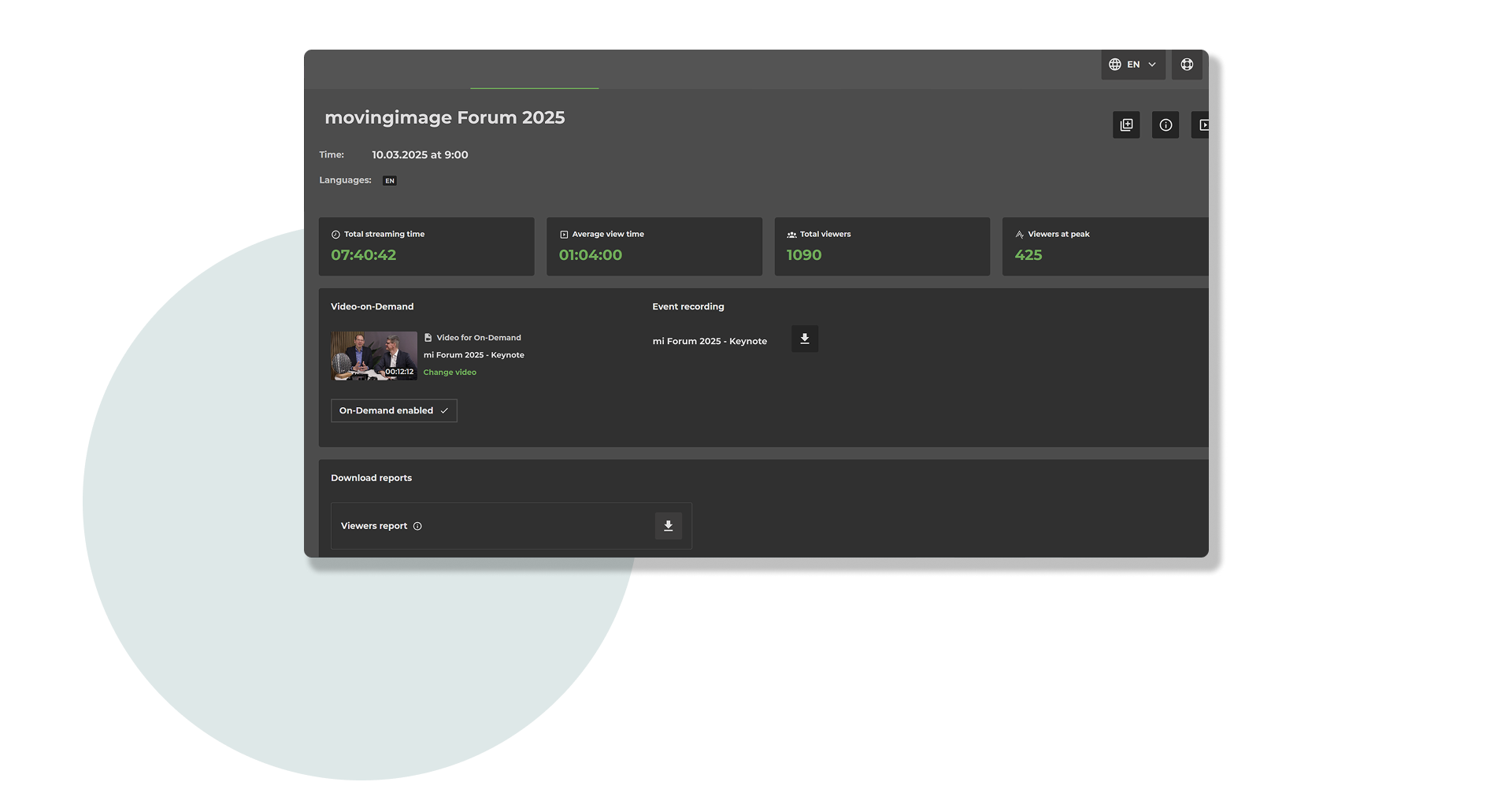 Backend view of a livestream's analytics data in LiveStream Pro, providing detailed insights into viewership, engagement metrics and technical performance indicators.