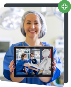 Charité employee showing a video on a tablet