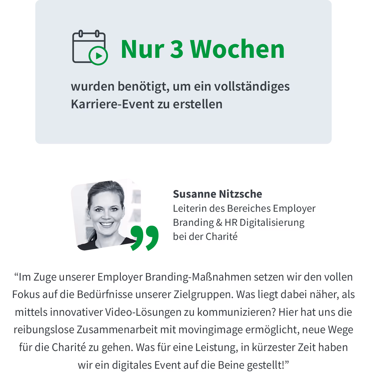 Susanne Nitzsche - Leiterin Employer Branding & HR-Digitalisierung bei der Charité über den Einsatz von movingimage Produkten