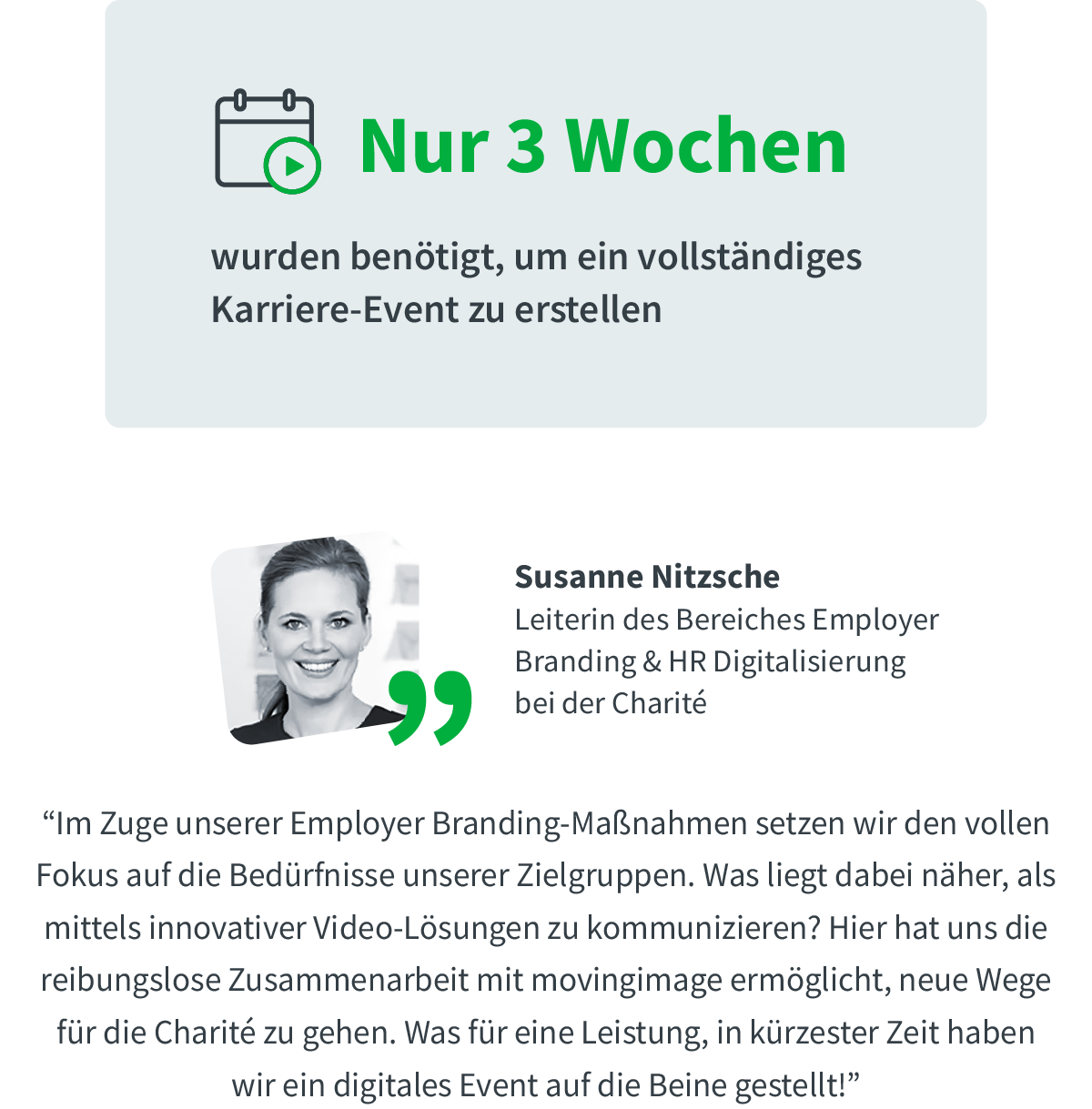 Susanne Nitzsche - Leiterin Employer Branding & HR-Digitalisierung bei der Charité über den Einsatz von movingimage Produkten