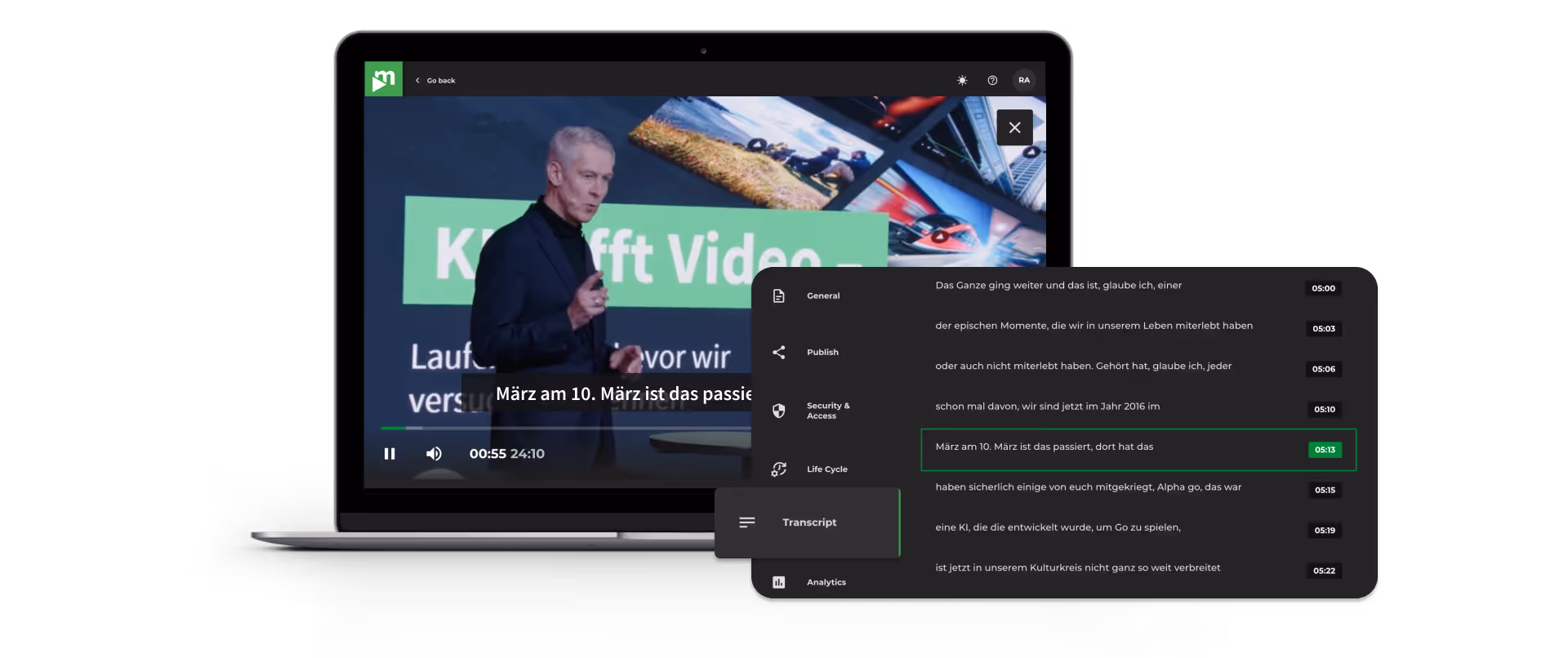 Dr. Ingo Hofacker, movingimage CEO, in VideoManager Pro with subtitles and transcript