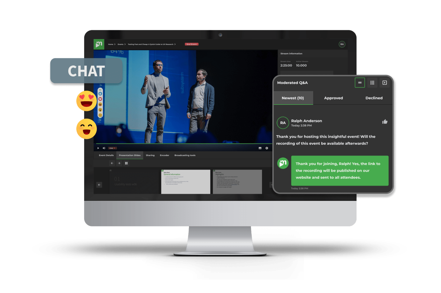 movingimage livestream interface showing live chat reactions and a moderated Q&A panel with attendee questions.