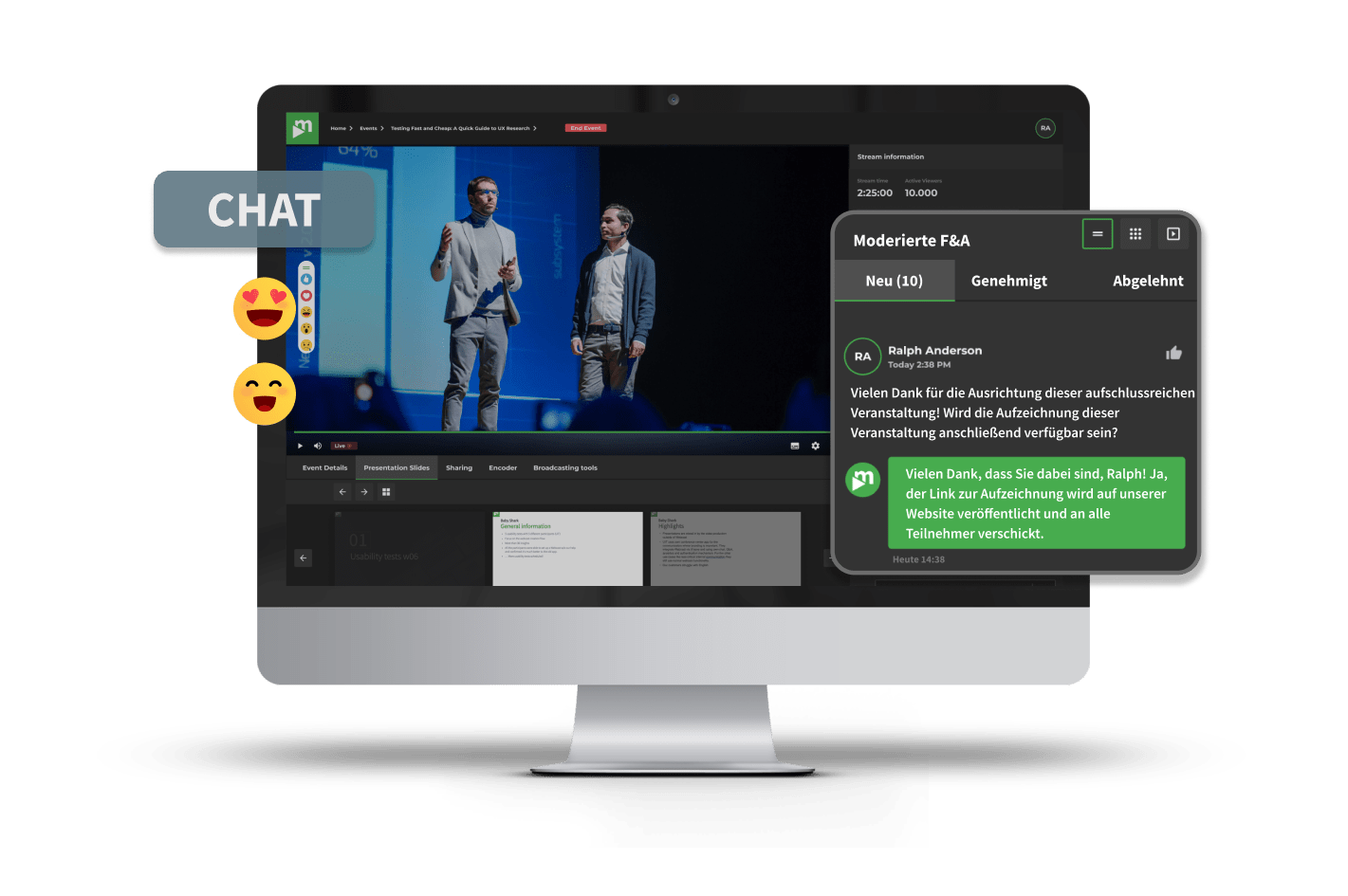 Ein Monitor zeigt einen Livestream mit Vortragenden, Emoji-Reaktionen im Chat und einem moderierten Frage-Antwort-Fenster.