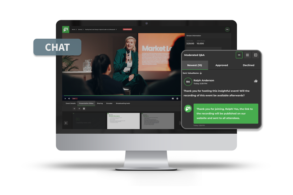 A desktop screen shows the movingimage platform's moderated Q&A panel and live chat with a sample audience question.
