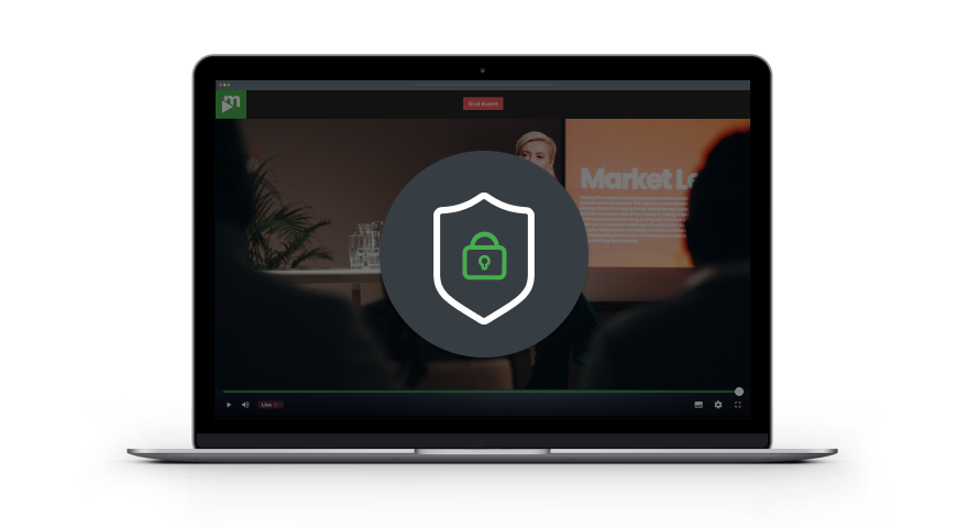 A shield-and-padlock icon overlays a livestream on a laptop screen, representing secure access and data protection controls.