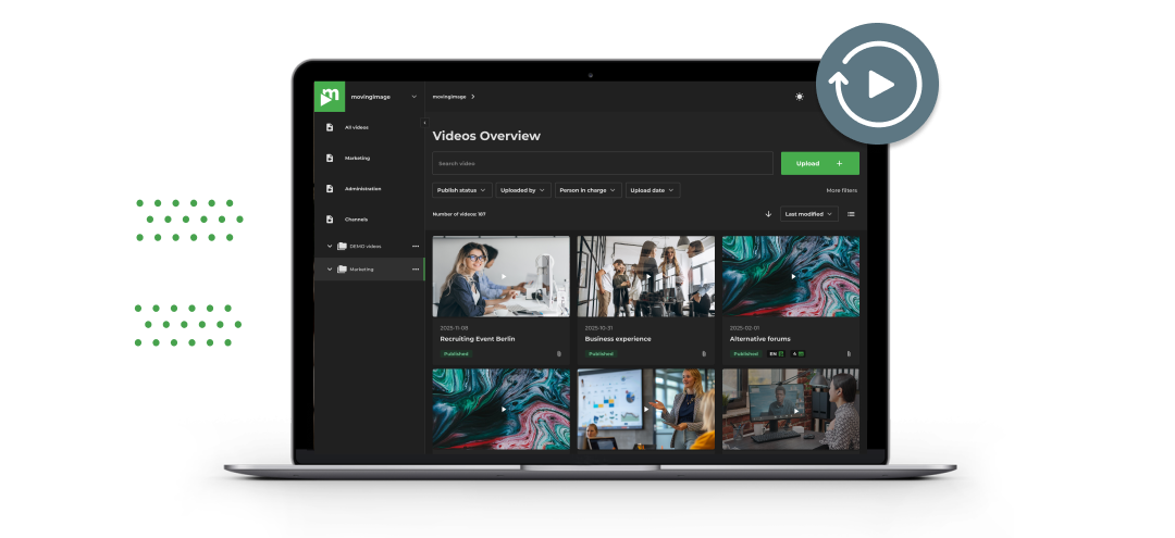 A laptop displays the movingimage VideoManager 'Videos Overview' dashboard listing recorded livestreams for on-demand replay.