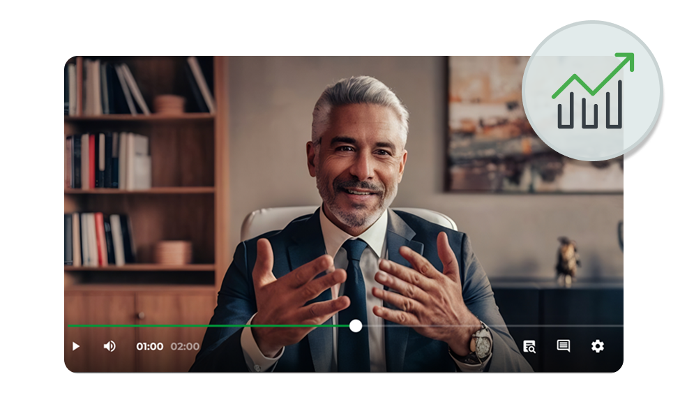 Video player showing an executive speaking on camera, overlaid with a green upward-trending chart icon.