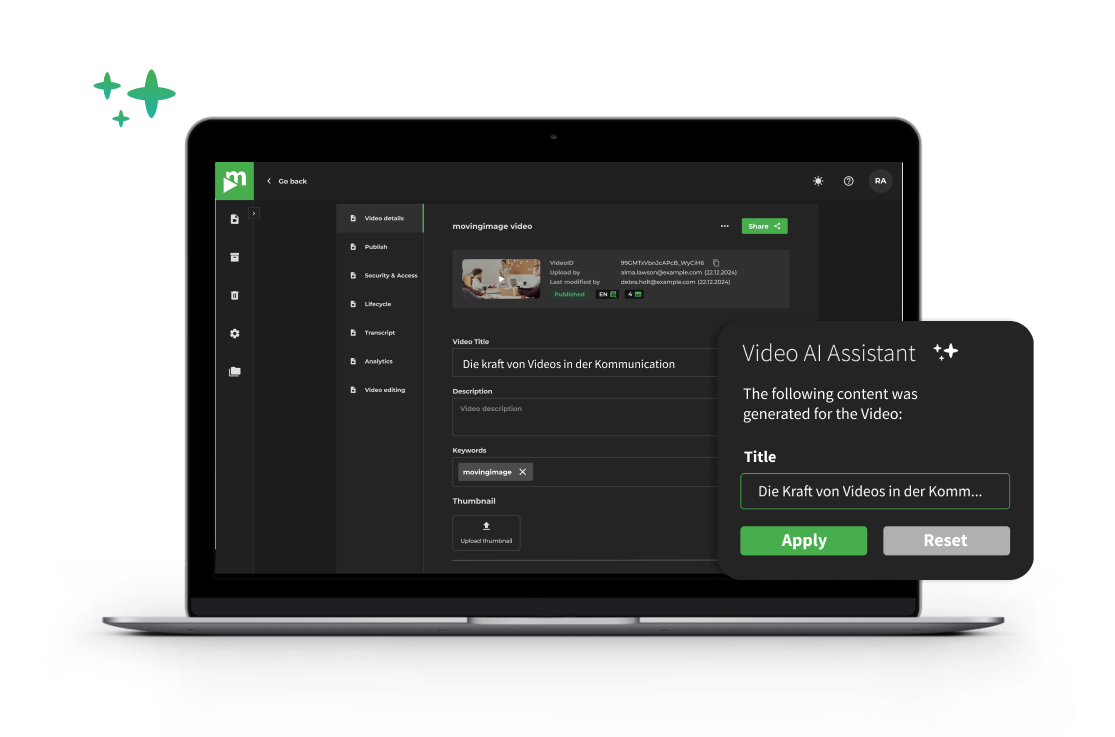 Video management dashboard with an AI Assistant panel suggesting an automatically generated video title.