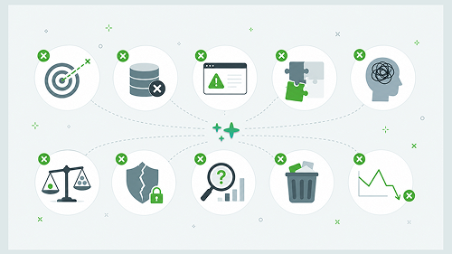 10 AI Mistakes Corporate Communications Teams Make Icons representing 10 AI mistakes corporate communications teams make, connected to a central AI symbol.