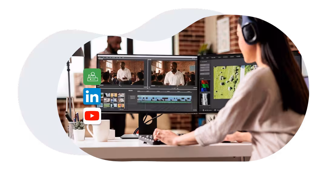 Video editor repurposing a recorded town hall for livestream, LinkedIn, and YouTube distribution.
