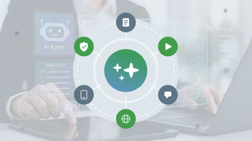 Illustration of a glowing AI agent icon labeled 'AI Agent,' linked to checkmark, video, chat, calendar, and globe icons over a blurred photo of people working at laptops.