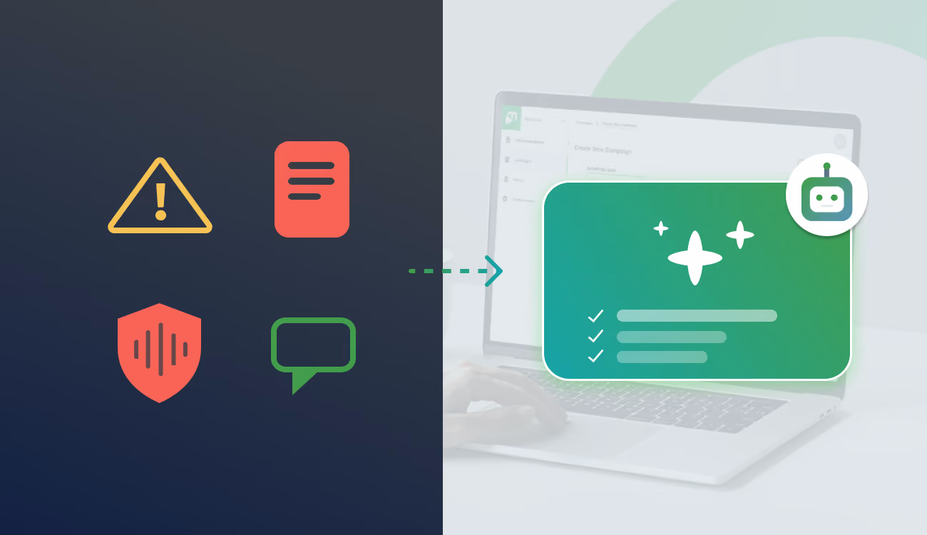 Illustration contrasting risky content signals — a warning triangle, a flagged document, a shield with a voice waveform, and a speech bubble — with an AI assistant reviewing a checklist of approved items on a laptop screen.