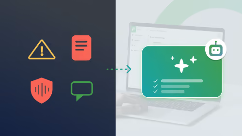 AI Agents in Corporate Communications: Hype vs. Reality Illustration contrasting risky content signals — a warning triangle, a flagged document, a shield with a voice waveform, and a speech bubble — with an AI assistant reviewing a checklist of approved items on a laptop screen.