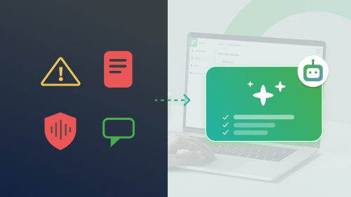 Illustration contrasting risky content signals — a warning triangle, a flagged document, a shield with a voice waveform, and a speech bubble — with an AI assistant reviewing a checklist of approved items on a laptop screen.