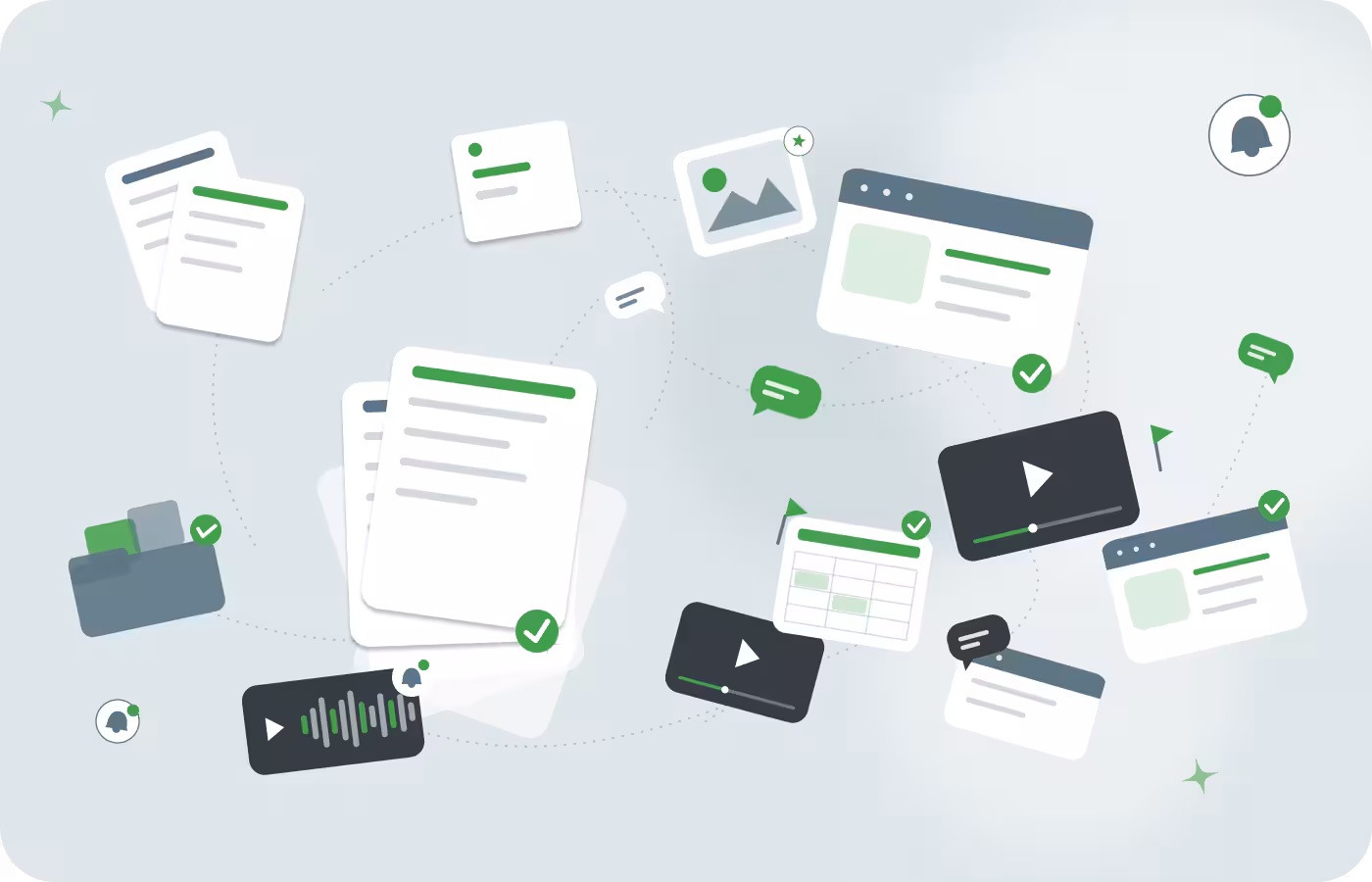 Illustration of various content types — documents, images, video players, tables, folders, chat bubbles, and notification bells — connected by dotted lines, several marked with green checkmarks to indicate approval or completion.