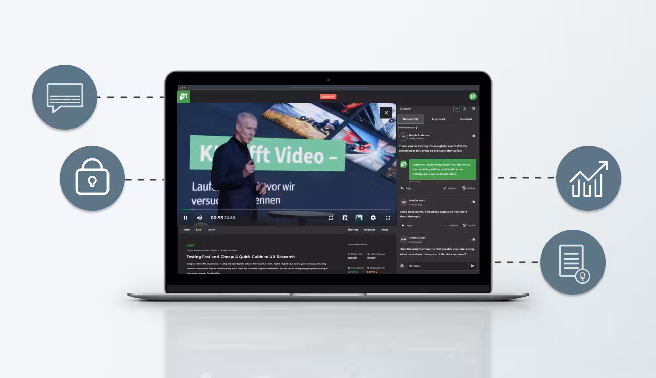 Enterprise-Livestreaming-Plattform auf einem Laptop mit Chat, Zugriffsschutz, Analytics und Aufzeichnung