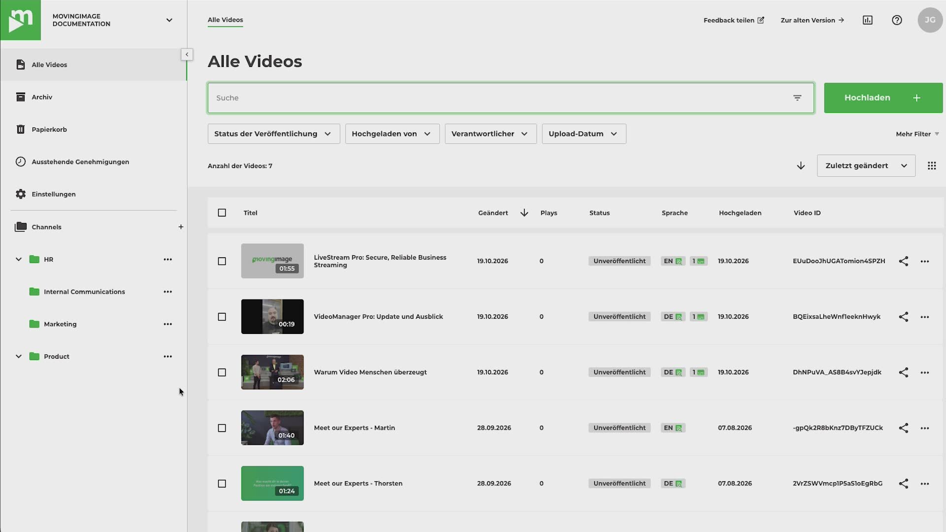 Videoübersicht im VideoManager Pro mit Veröffentlichungsstatus, Sprache und Channel-Struktur der hochgeladenen Videos