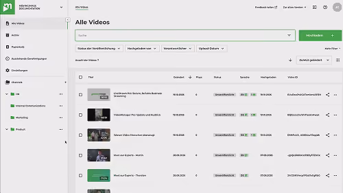 Smart Upload: Collect Videos via Link | VideoManager Pro Video list in VideoManager Pro showing uploaded videos with status, language and channels in the sidebar