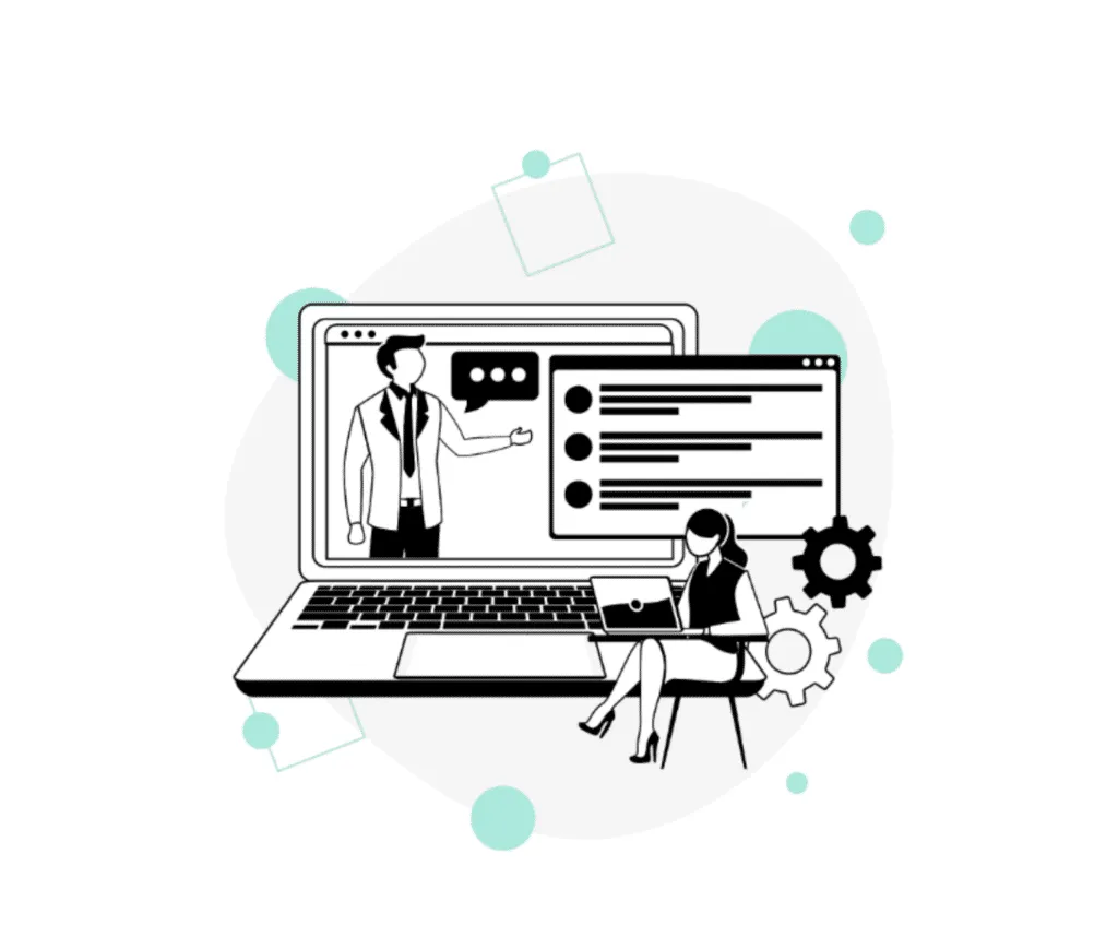 Online education: a perfect combination concept with an instructor teaching through a laptop screen and a student interacting.