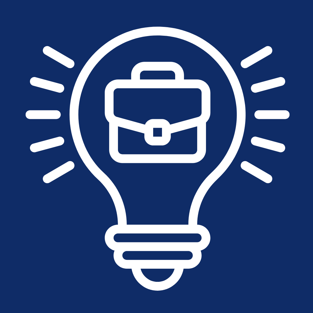 Light bulb icon with a briefcase inside and rays emanating from the sides on a blue background.
