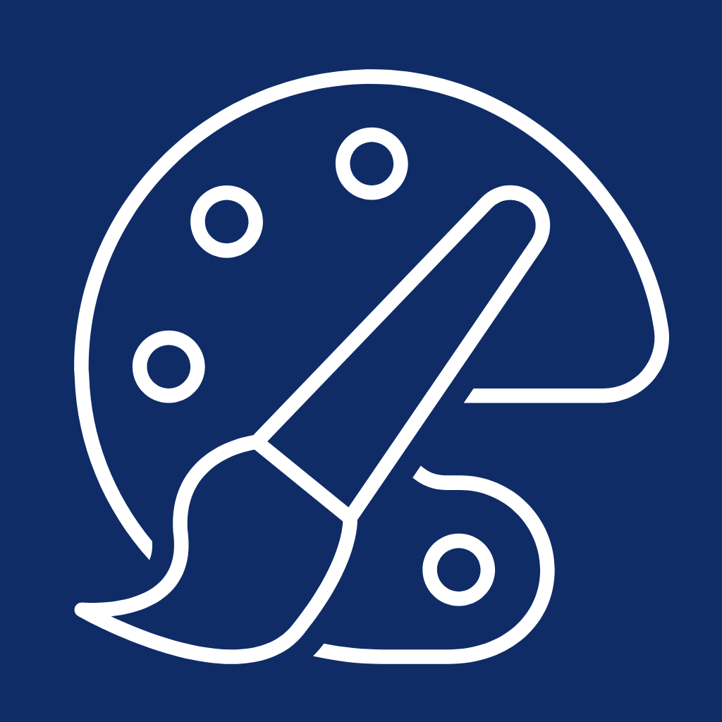 White outline of an artist's palette with paintbrush on a dark blue background.