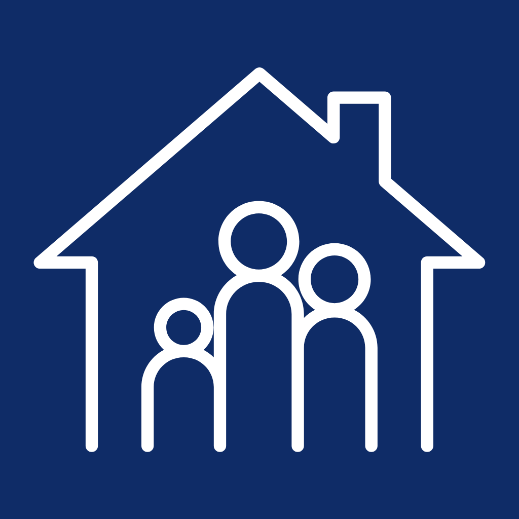 Outline of a house with three figures inside representing a family.