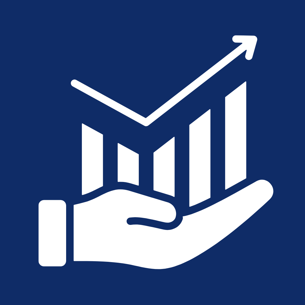 White hand holding an ascending bar chart with an upward arrow on dark blue background.
