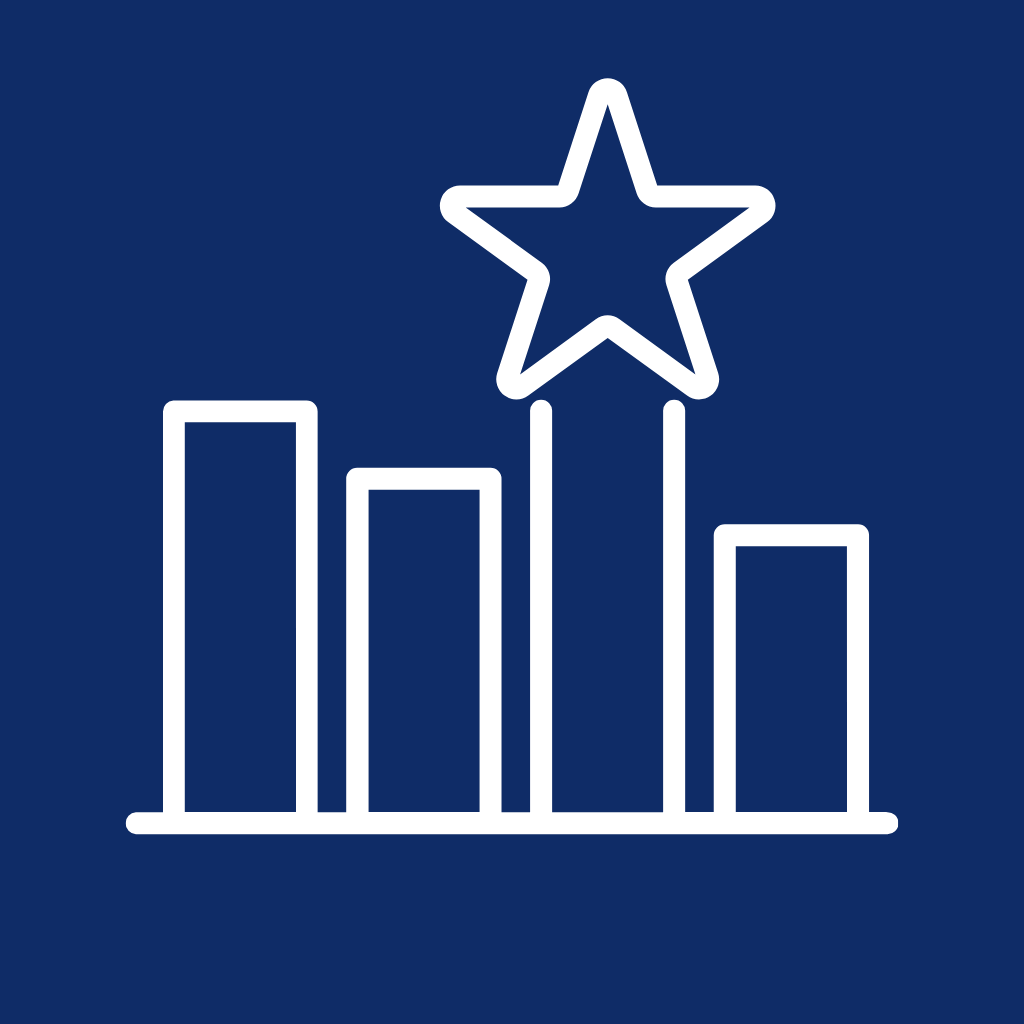 Bar chart with four vertical bars, the tallest bar topped with a star symbol.