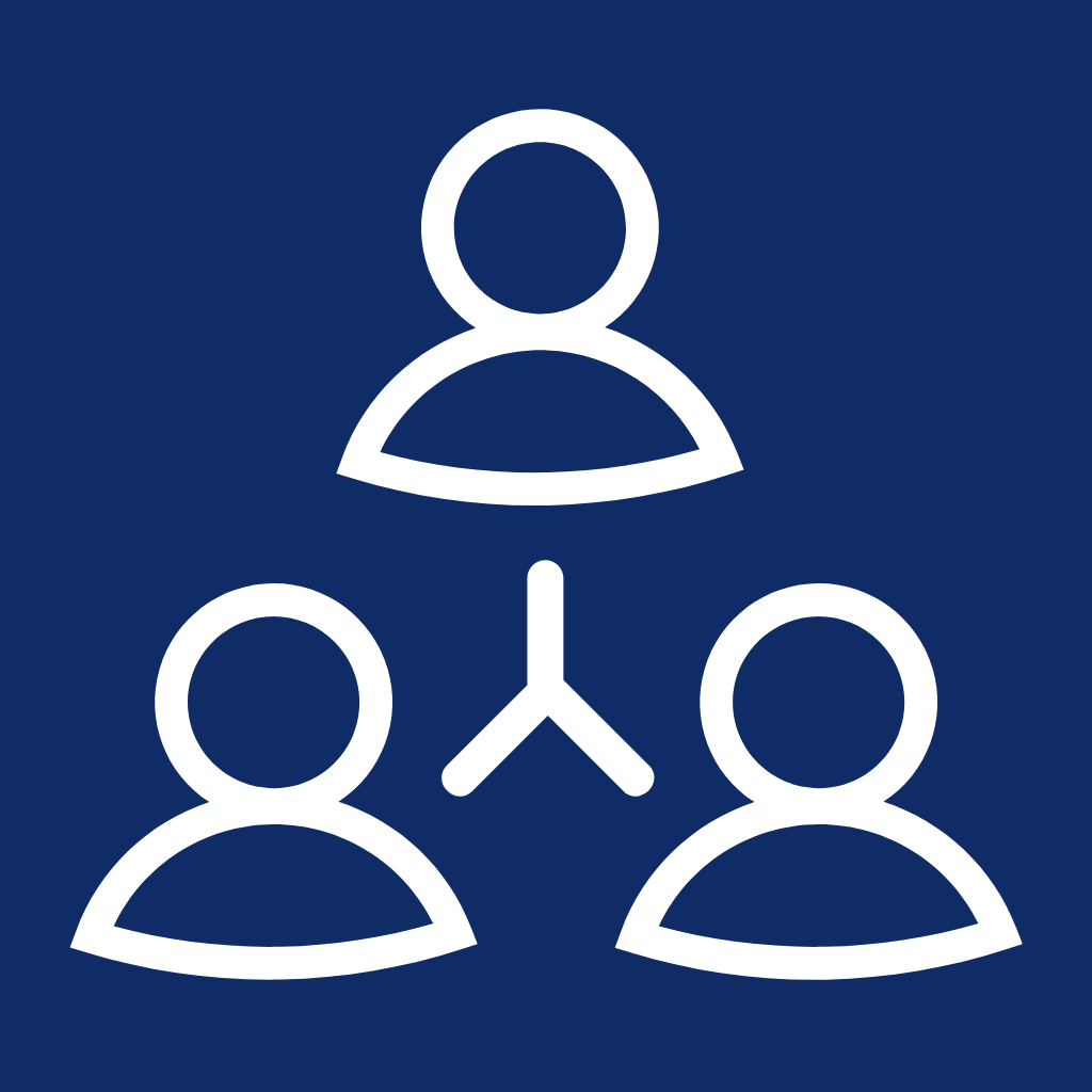 Icon showing three connected user outlines symbolizing team or network.