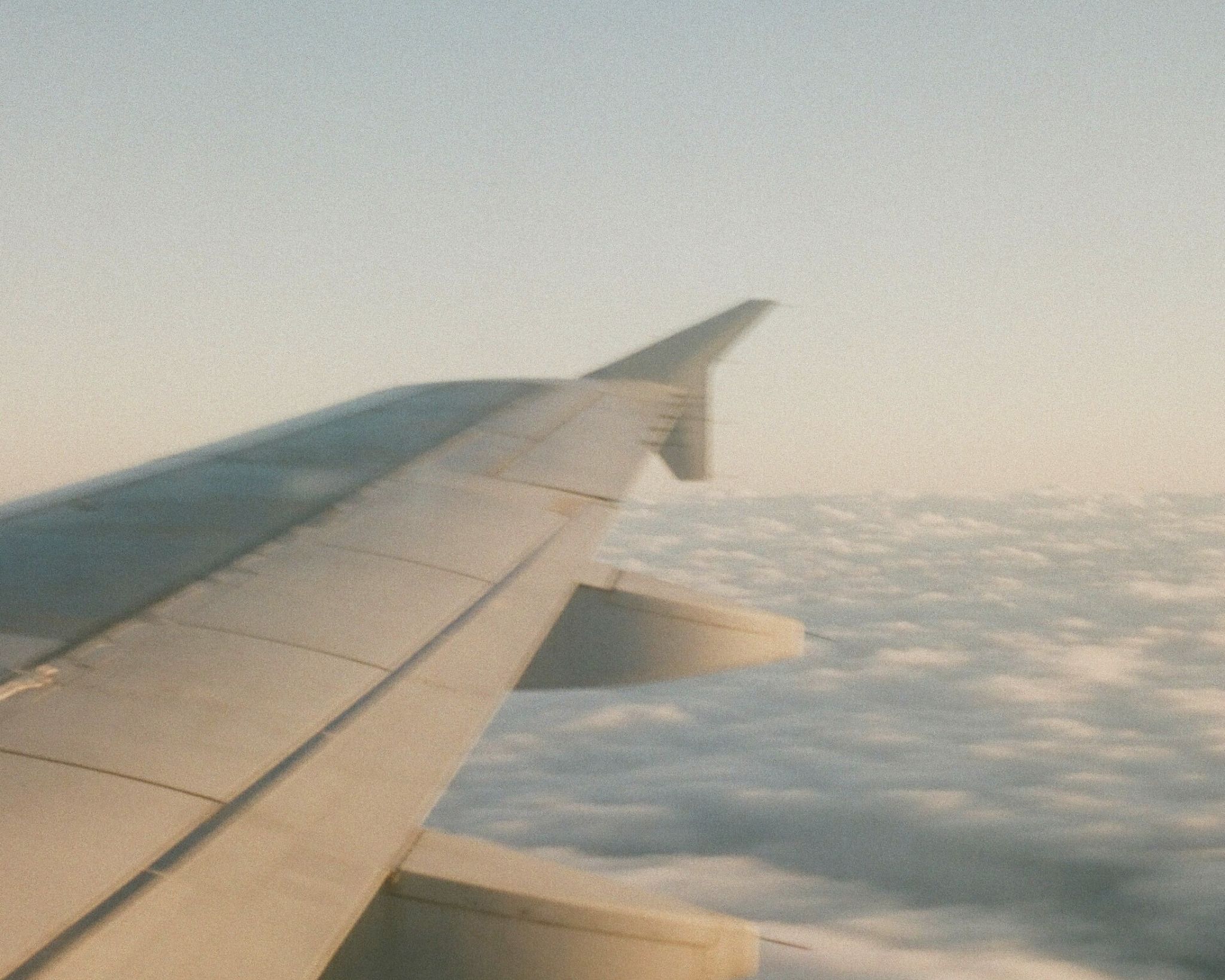 View of an airplane wing above a layer of clouds during sunset or sunrise.
