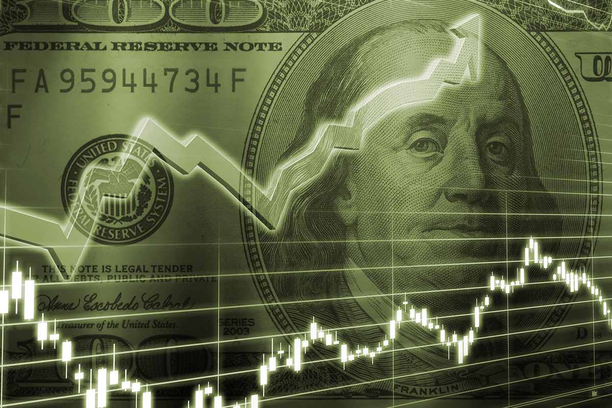 Financial graph overlaid on US dollar bill showing market trends