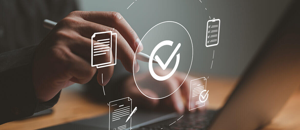 Digital workflow with document icons and checklist verification process