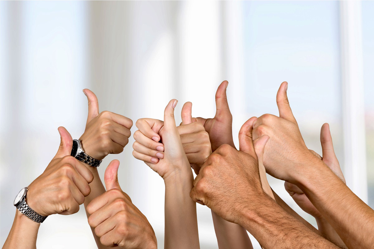 Multiple hands giving thumbs up, showing teamwork and positive agreement