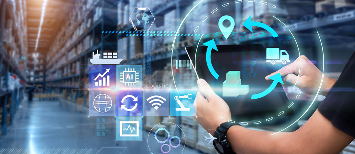 Futuristic logistics technology interface with warehouse and digital icons