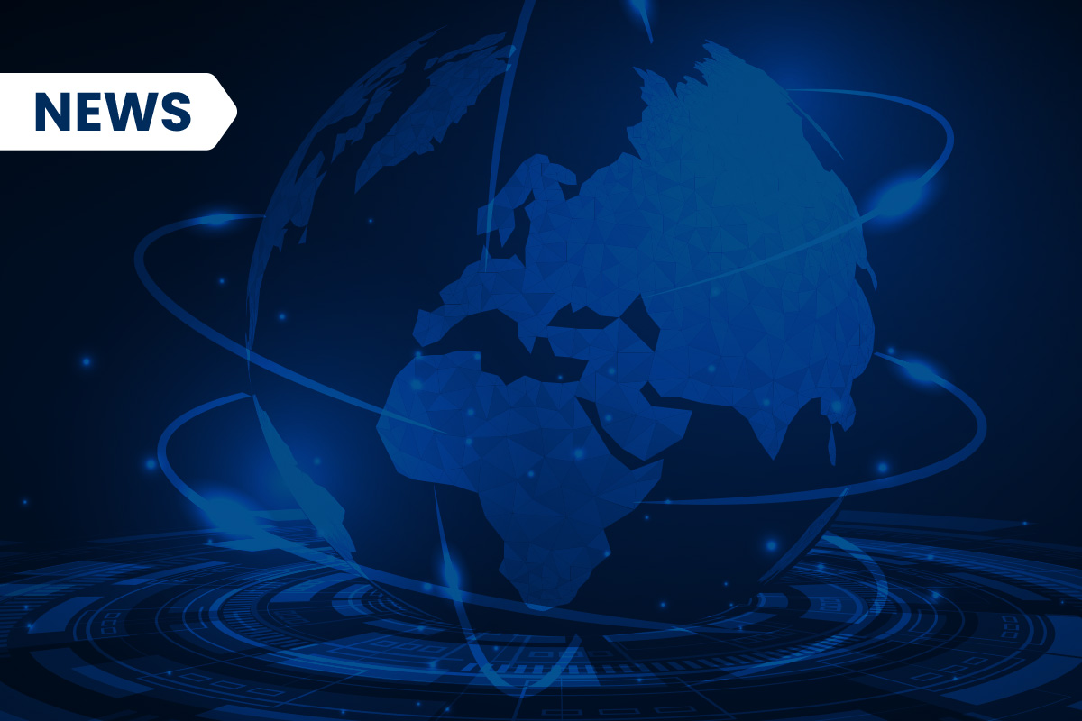 Blue digital globe with news logo representing global news network