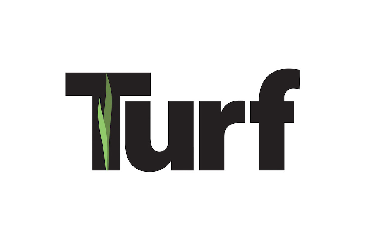 Turf logo with black letters and a green leaf-like accent