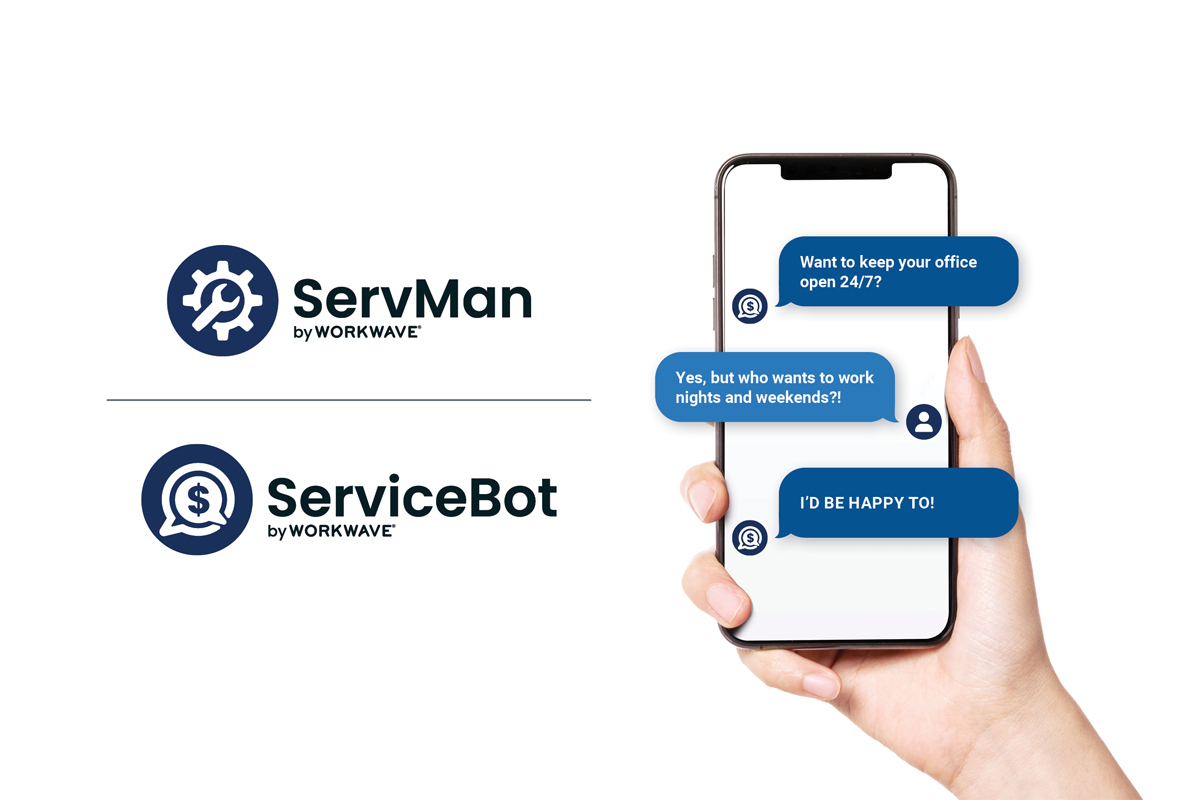 ServMan and ServiceBot messaging on smartphone showing 24/7 service