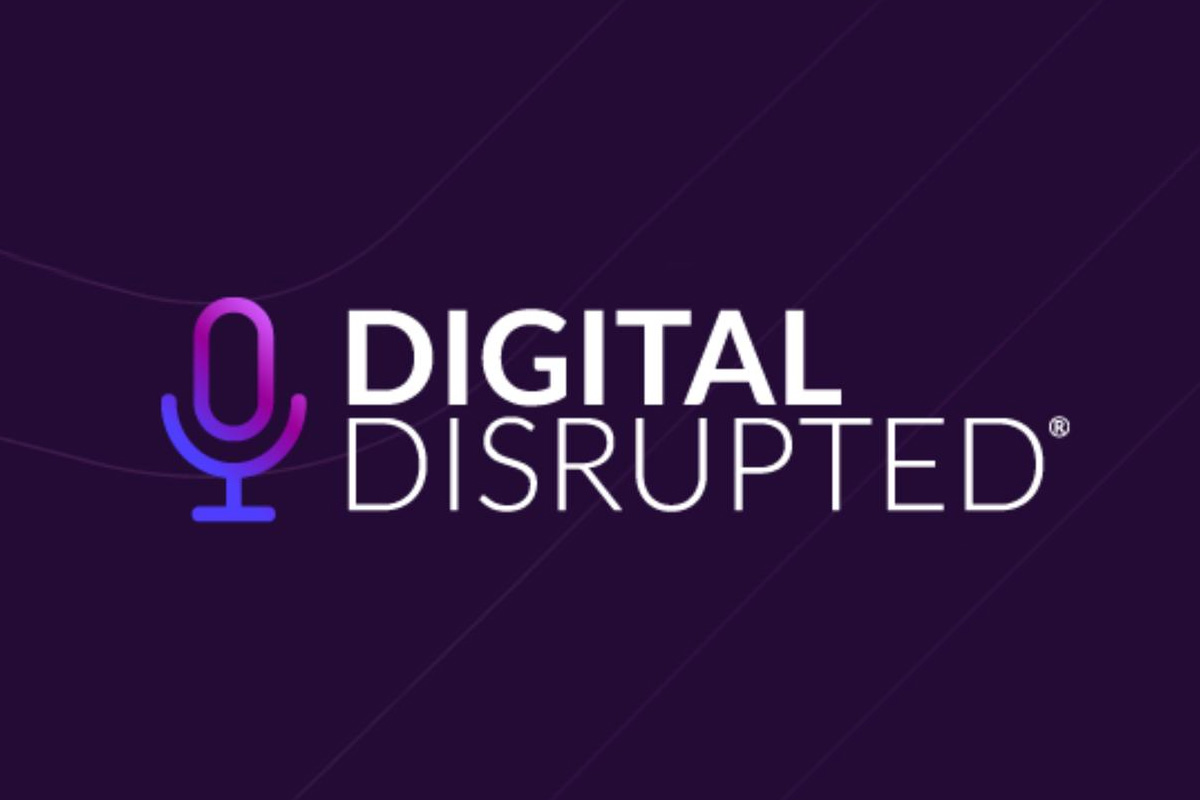 Digital Disrupted podcast logo with microphone icon on purple background