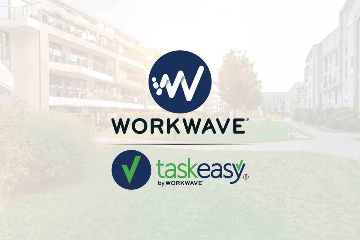 WorkWave and TaskEasy logos on urban background with apartment buildings