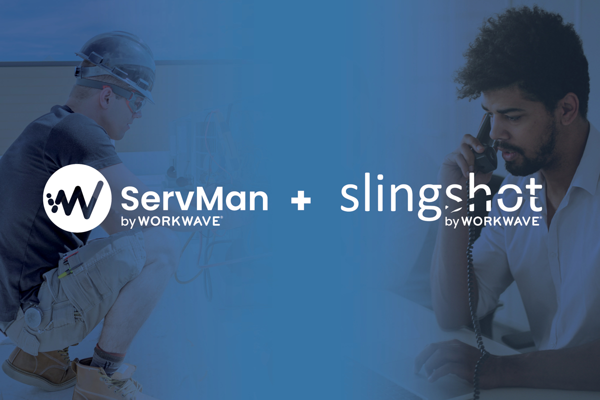 ServMan and Slingshot by Workwave logos with two workers in background