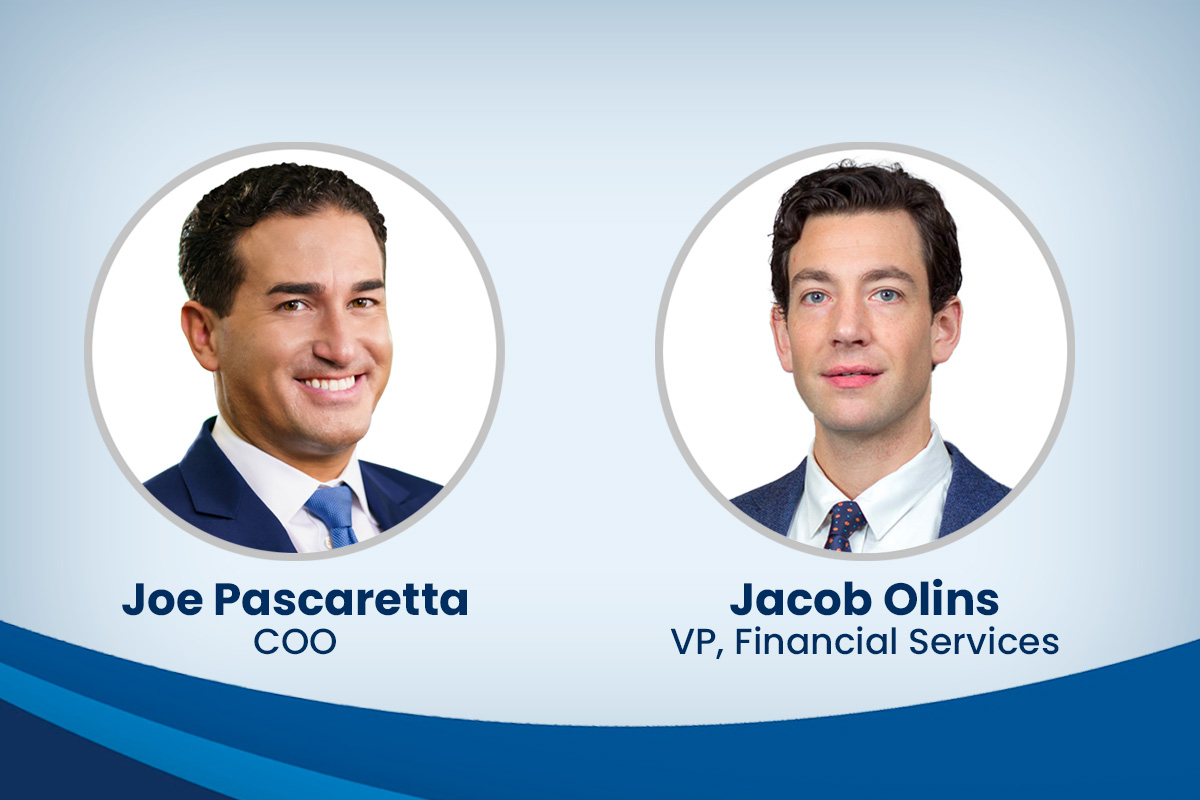 Two business professionals in suits smiling in circular headshot portraits