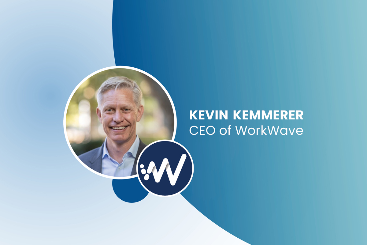 Smiling executive in business attire with WorkWave company logo