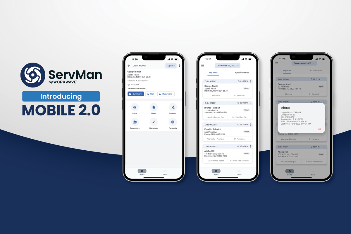 ServMan Mobile 2.0 app screens showing service order management interface