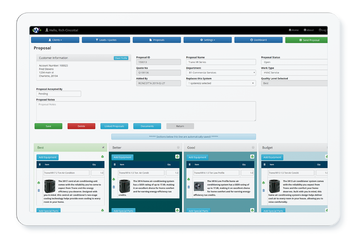 HVAC proposal software interface with equipment comparison and customer details
