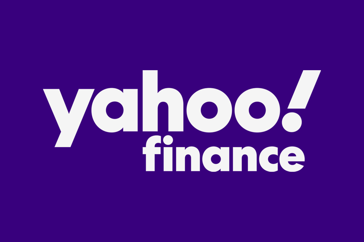 Yahoo Finance logo in white letters on a deep purple background